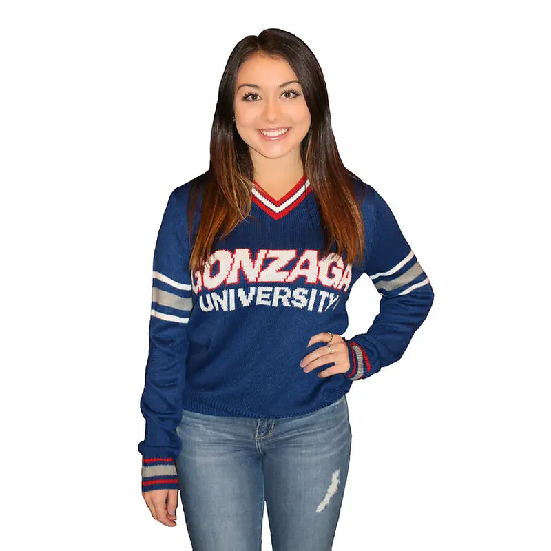 Gonzaga Navy Blue Tribute Sweater with Striped V-Neck (UNISEX SIZING)