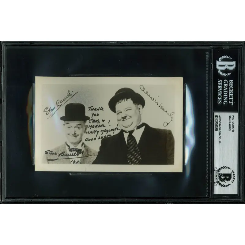 Stan Laurel "'62" Signed 3.5x5.5 Photo Auto Graded Gem Mint 10! BAS Slabbed 1