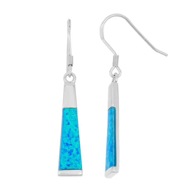 Sterling Silver Blue Inlay Opal Long Thin Earrings