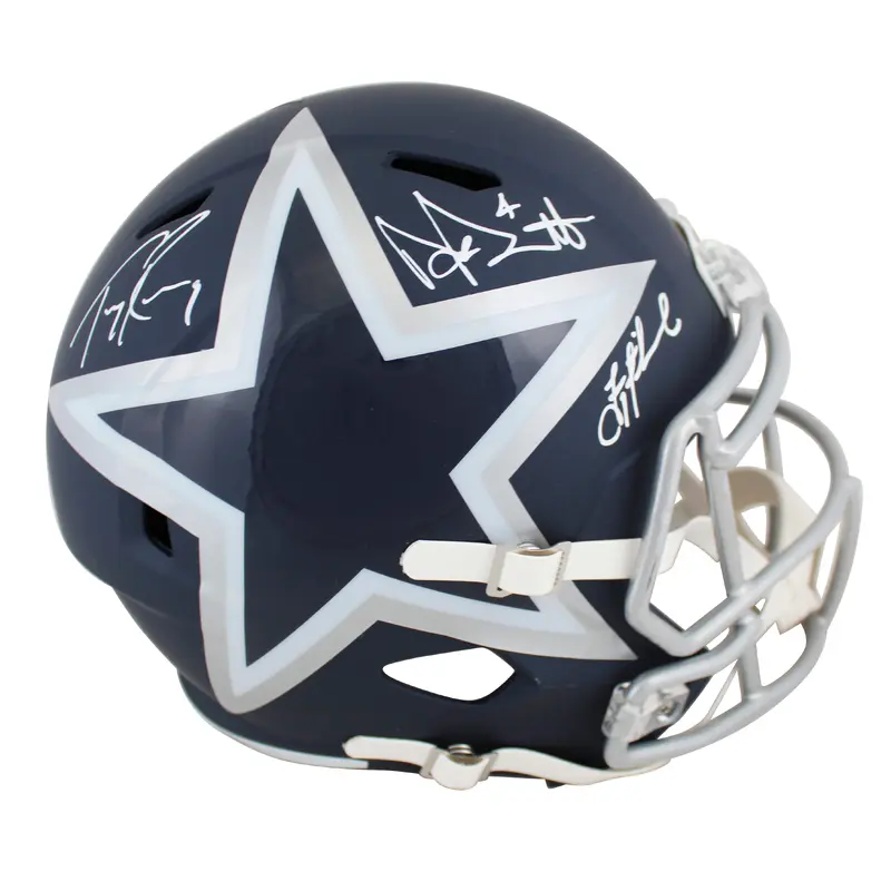 Cowboys QBs (3) Aikman, Romo & Prescott Signed Amp F/S Speed Rep Helmet BAS Wit