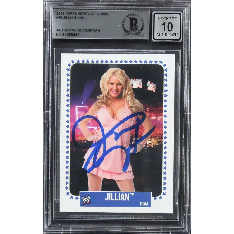 Jillian Hall Signed 2008 Topps Heritage IV WWE #60 Card Auto 10! BAS Slabbed