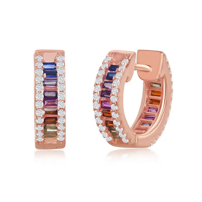 Sterling Silver Baguette Rainbow CZ Small Huggie Hoop Earrings - Rose Gold Plated