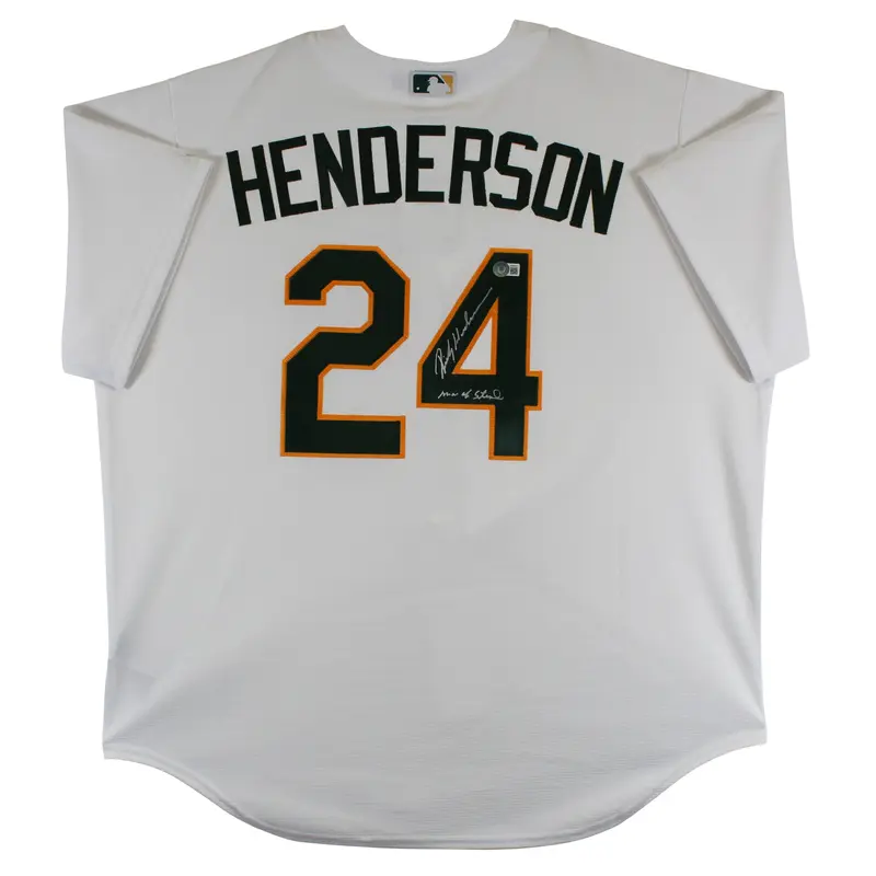 Athletics Rickey Henderson "Man Of Steal" Signed White Nike Jersey BAS Witnessed
