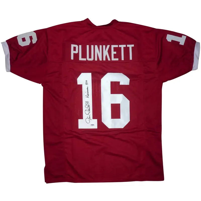 Jim Plunkett Autographed Stanford (Red #16) Custom Jersey w/ Heisman 1970 - PSADNA