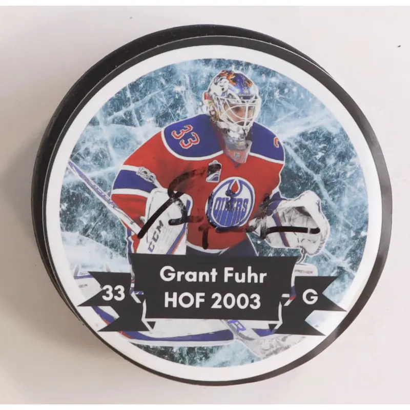 Grant Fuhr Signed Hall of Fame Logo Hockey Puck (AWM)