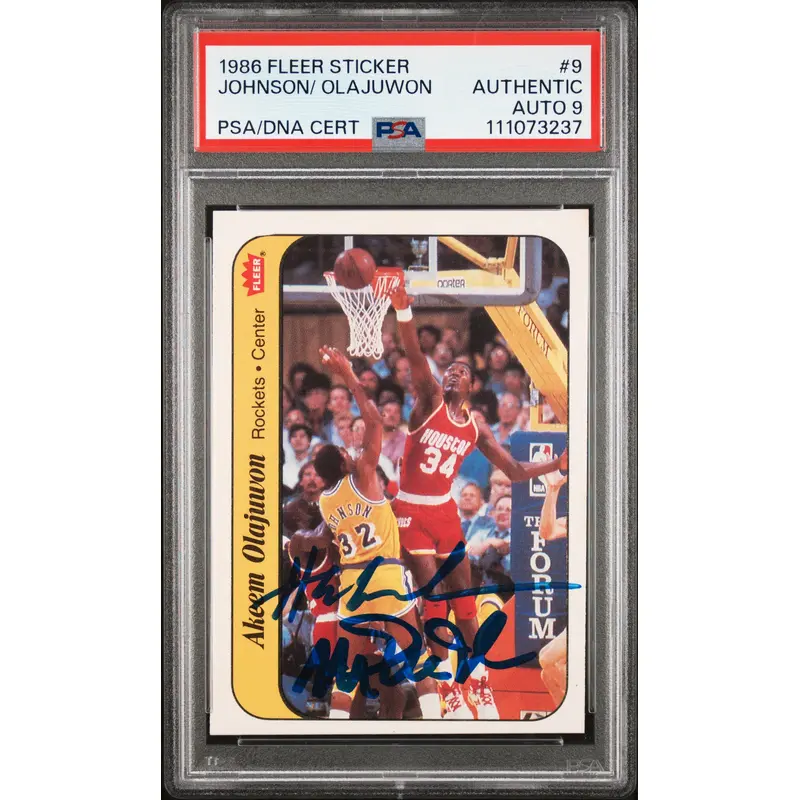 Magic Johnson Hakeem Olajuwon Signed 1986 Fleer Sticker #9 Card Auto 9 PSA Slab