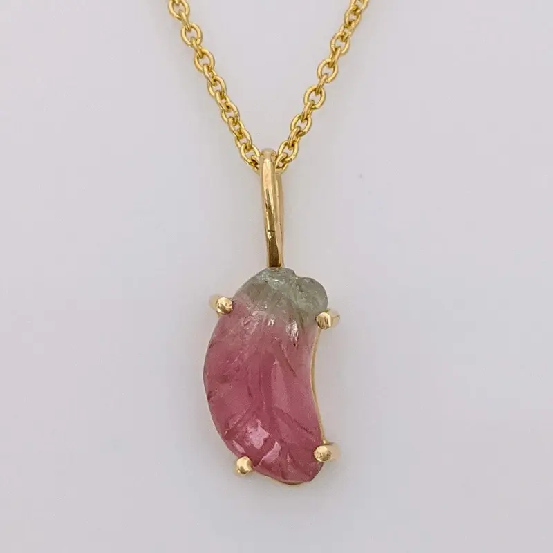 14K WATERMELON TOURMALINE HALF MOON ESTATE PENDANT & CHAIN 2.3 GRAMS