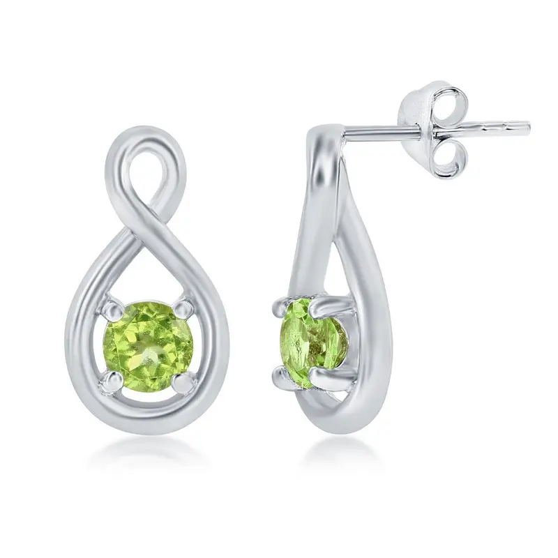 Sterling Silver, 4mm Round Gem Infinity Design Earrings - Peridot