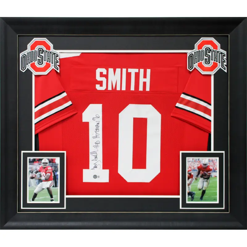 Ohio State Troy Smith "Heisman 06" Signed Red Pro Style Framed Jersey BAS Wit