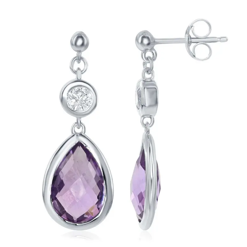 Sterling Silver, White Topaz and Gem Teardrop Earrings -  Amethyst