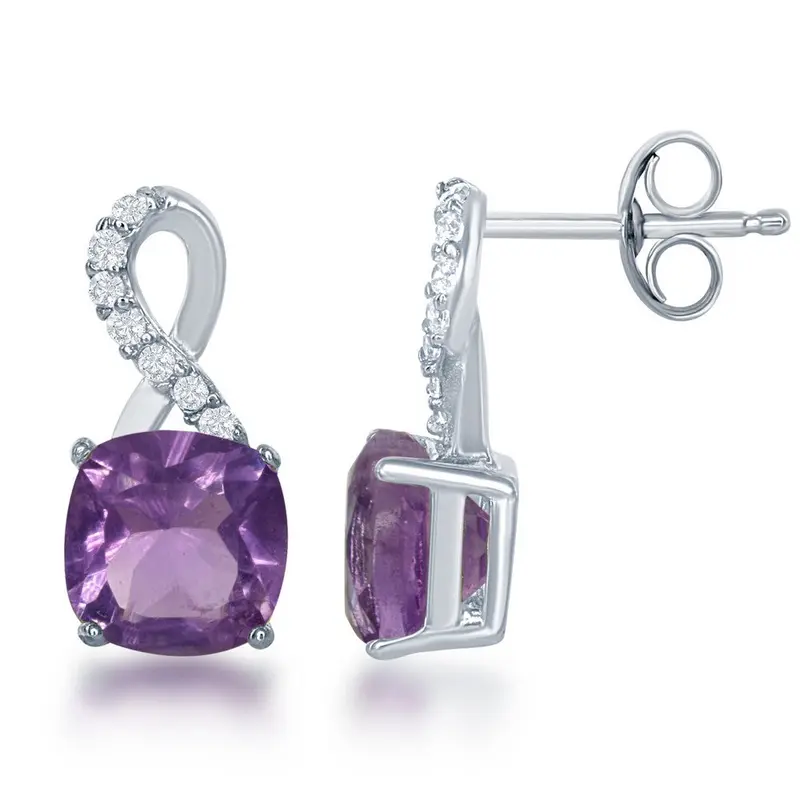 Sterling Silver, White Topaz Earrings, with 6mm Square Gem - Amethyst