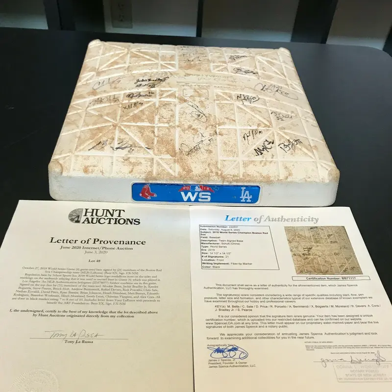 2018 Boston Red Sox Team Signed World Series Game 4 Game Used Base MLB & JSA COA