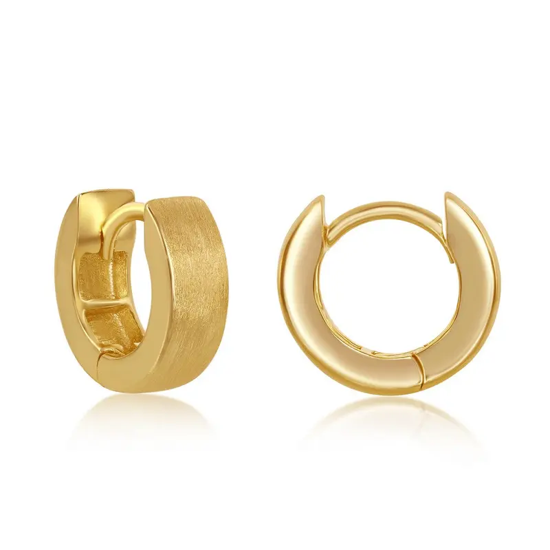Sterling Silver, 4x13mm Brushed Design, Huggie Hoop Earrings - Gold Plated
