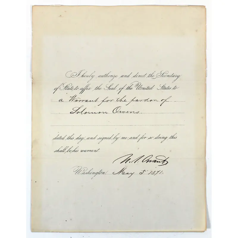 Ulysses S. Grant Authentic Signed 8.5x11 1871 Pardon Document BAS #AC33407