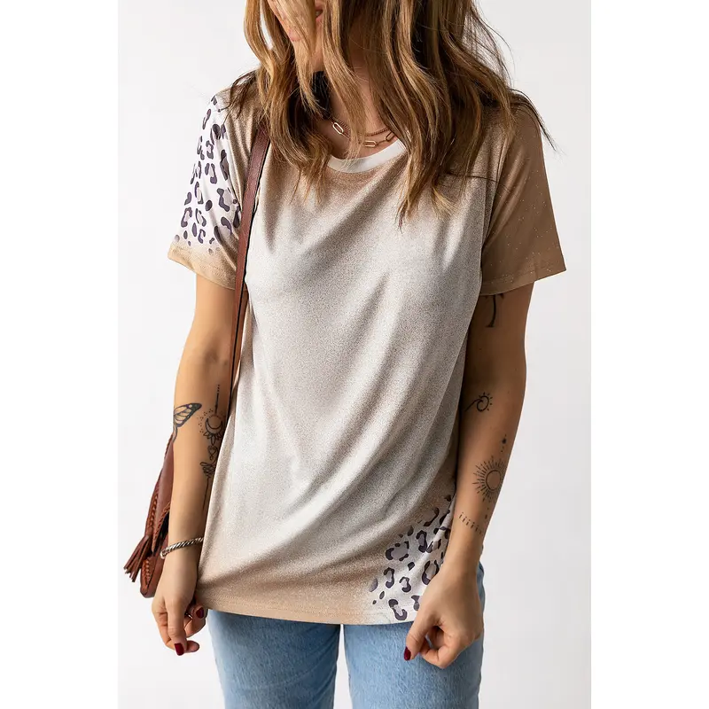 Khaki Bleached Leopard Print Crew Neck T Shirt