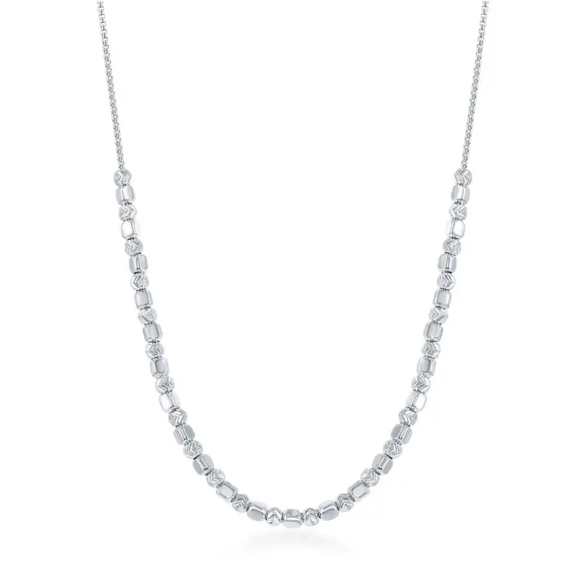 Sterling Silver Alternating Square Bead w/ Diamond Cheveron Cut Bead Necklace
