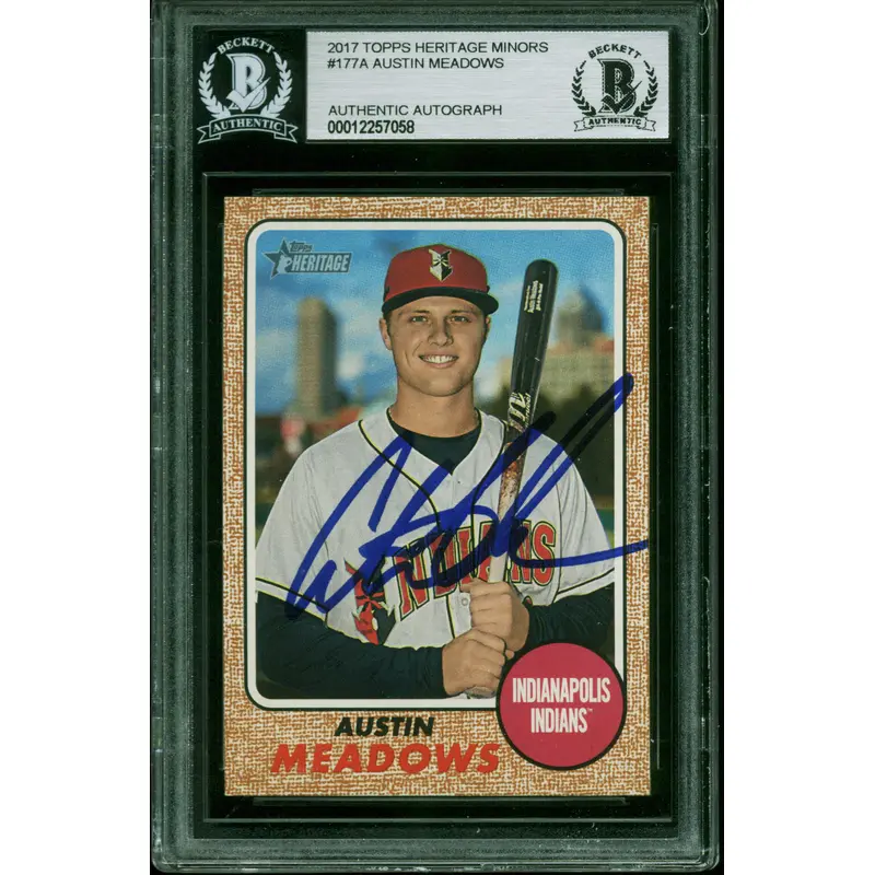Pirates Austin Meadows Signed 2017 Topps Heritage #177A Rookie Card BAS Slabbed