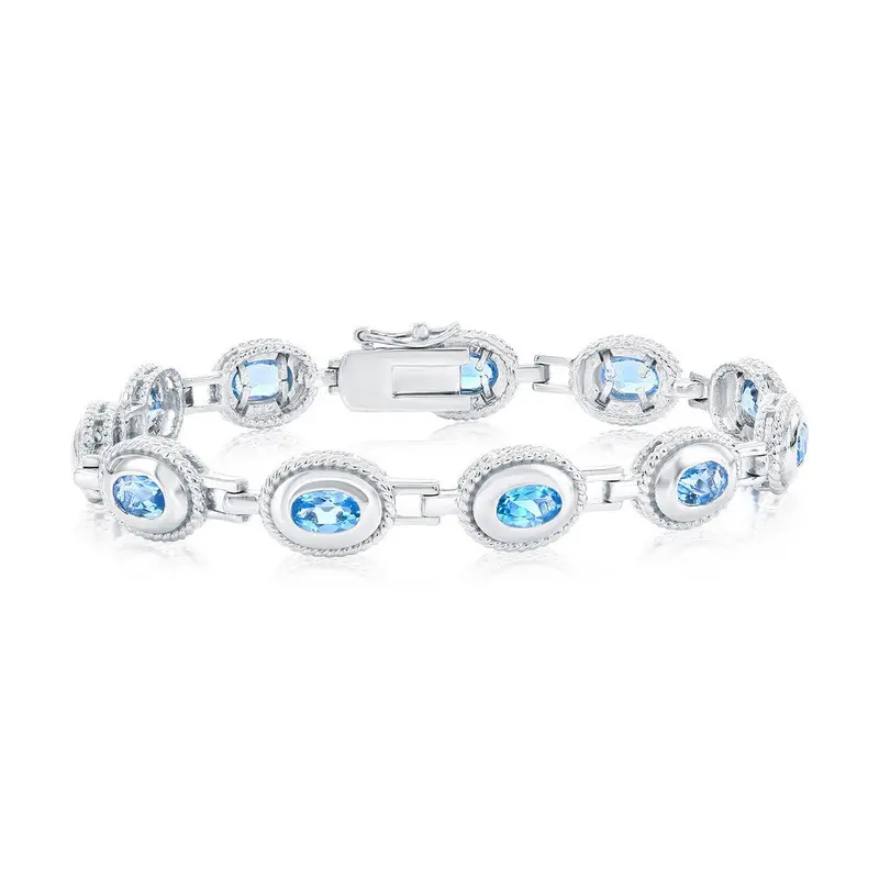 Sterling Silver Designed Oval Gem Bracelet - Blue Topaz