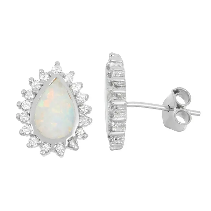 Sterling Silver, White Inlay Opal Teardrop with CZ Border Stud Earrings