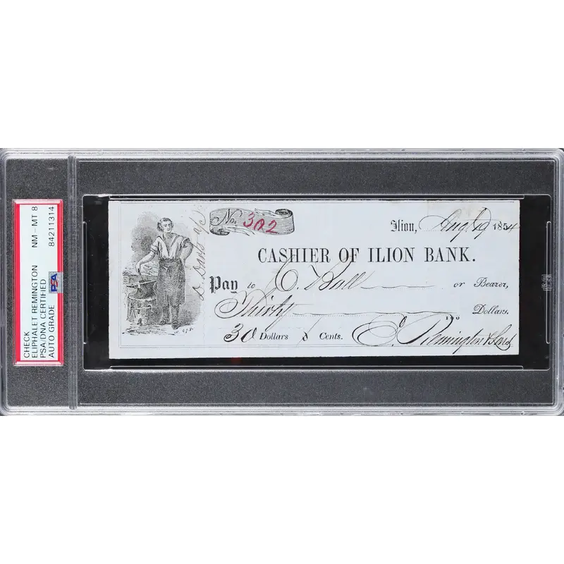 Eliphalet Remington Authentic Signed 1854 Ilion Bank Check PSA/DNA Slabbed