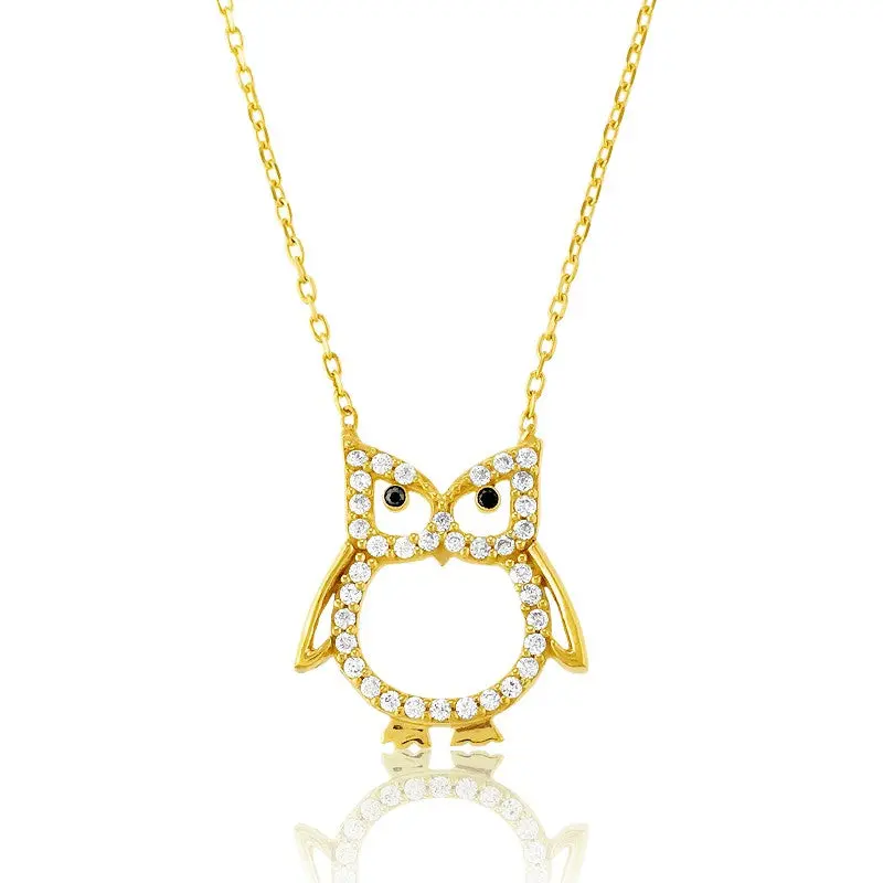 Sterling Silver CZ Open Owl Necklace - Gold Plared