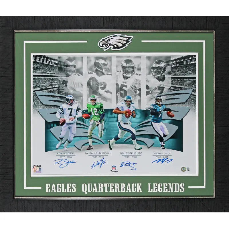 Eagles QBs (4) McNabb, Cunningham, Jaworski & Vick Signed 16x20 Framed Photo BAS