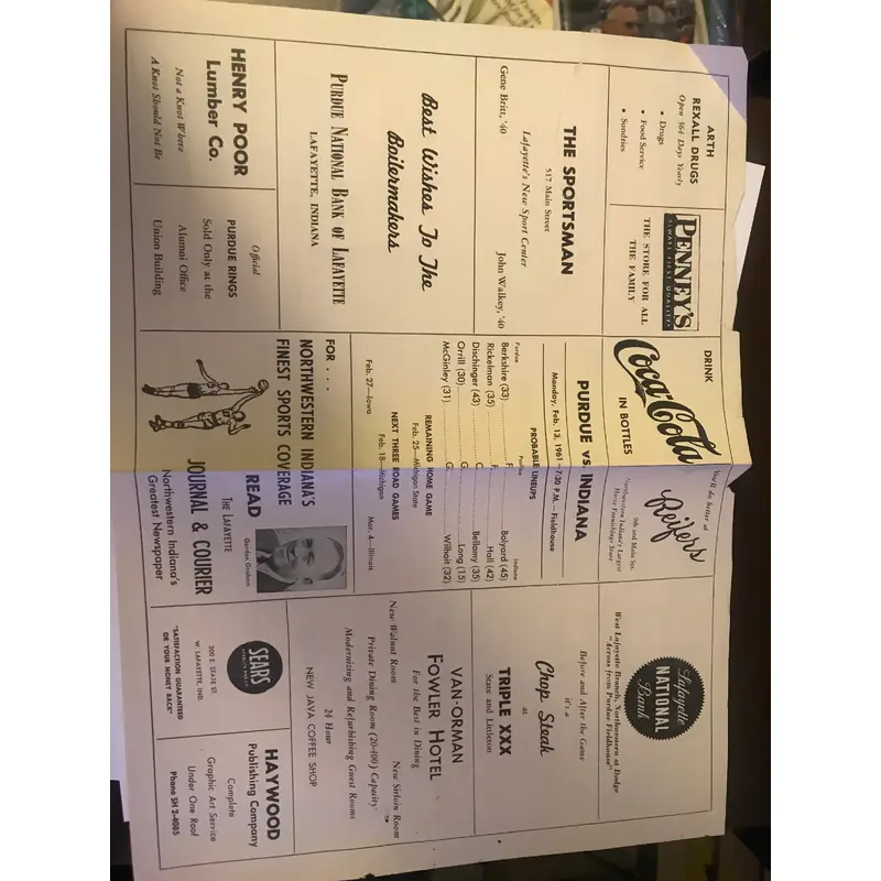 1961 Indiana vs Purdue Basketball Program