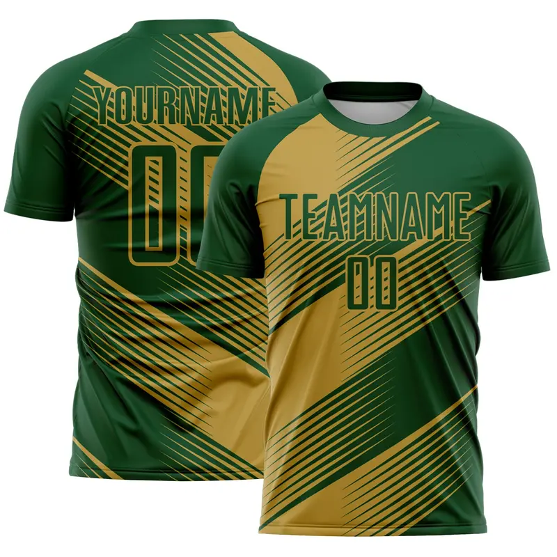 Custom Green Old Gold Line Sublimation Soccer Uniform Jersey