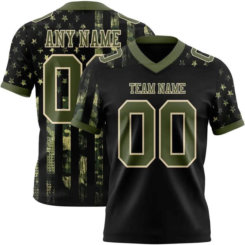 Custom Black Olive-Cream 3D Pattern American Flag Mesh Authentic Football Jersey