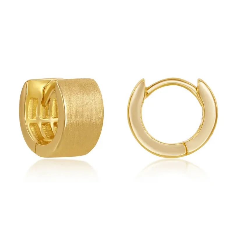 Sterling Silver, 6x12mm Brushed Design, Huggie Hoop Earrings - Gold Plated