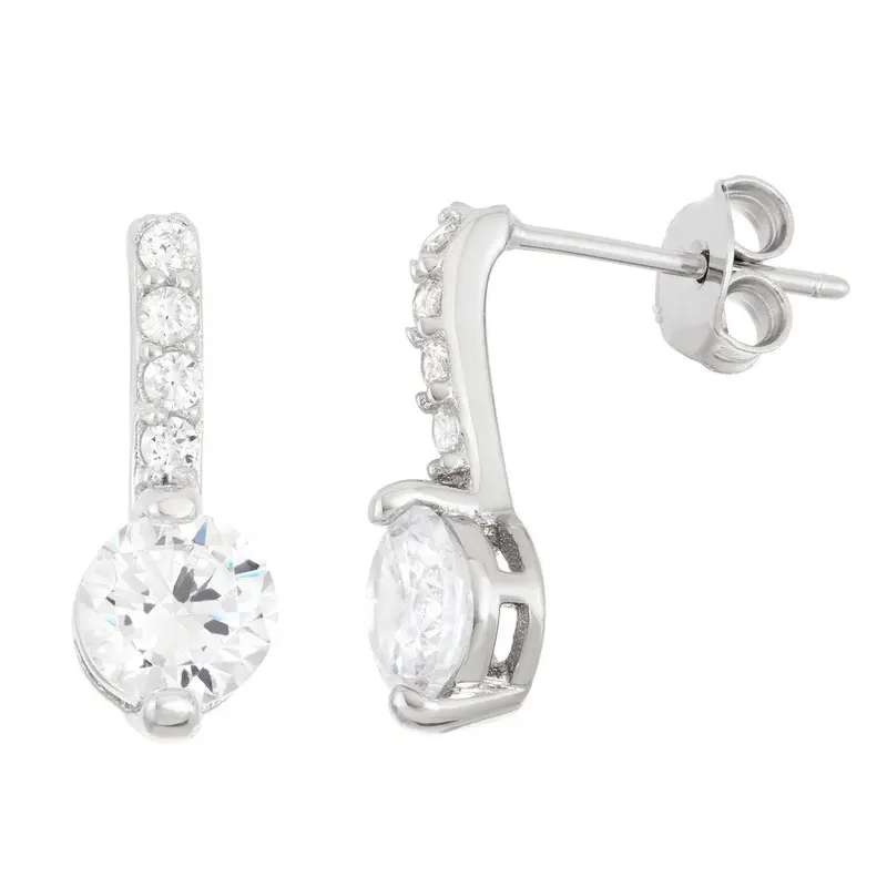 Sterling Silver Thin Bar with Round Stud CZ Earrings - White CZ