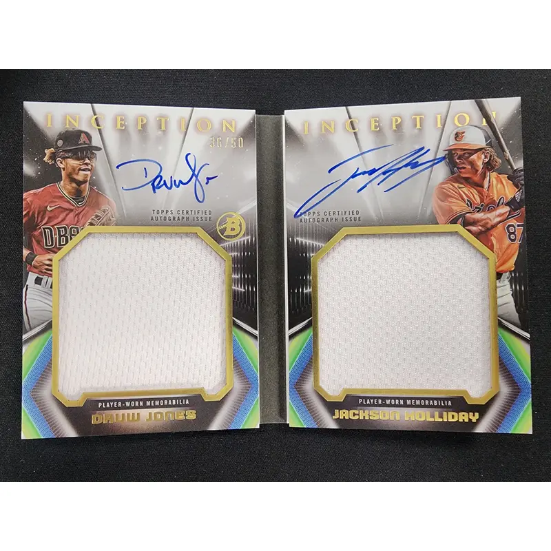 Druw Jones + Jackson Holliday 2023 Bowman Inception Jumbo Relic Auto Book #36/50