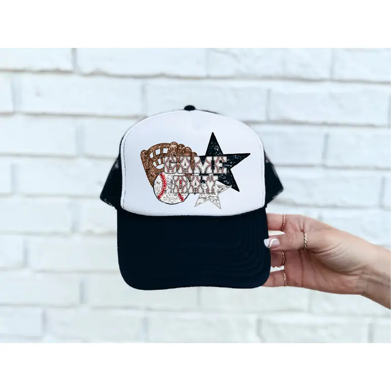 Game Day- Baseball DTF Printed Black & White Trucker Hat