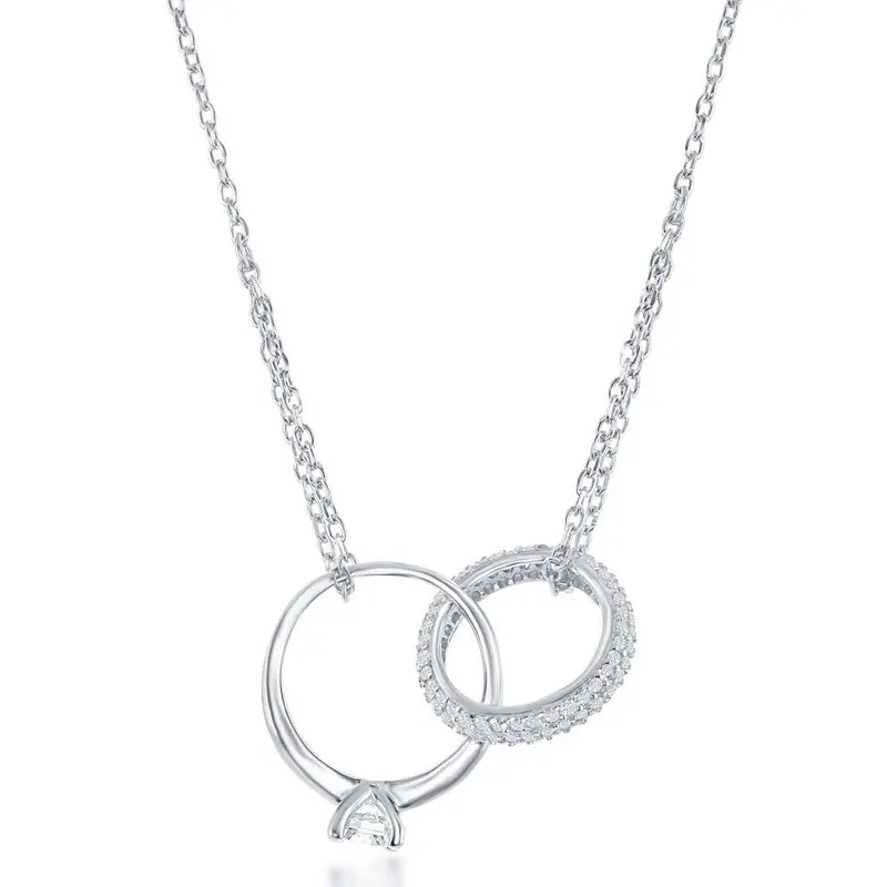 Sterling Silver Interlocking Engament Ring & Micro Pave Band Necklace