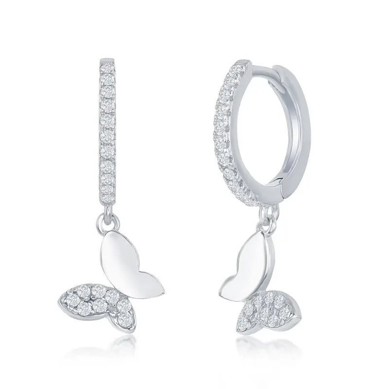 Sterling Silver Small Huggie Hoop CZ Butterfly Earrings